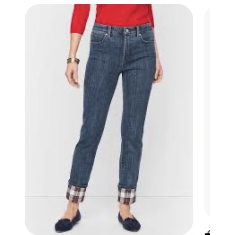 Talbots Women's Straight Leg Plaid Cuff Fold Over Lumberjack Blue Jeans Sz 10